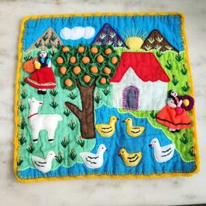 Peruvian Folk Art Tapestry Embroidered Orange Tree Wall Hanging‎ Landscape